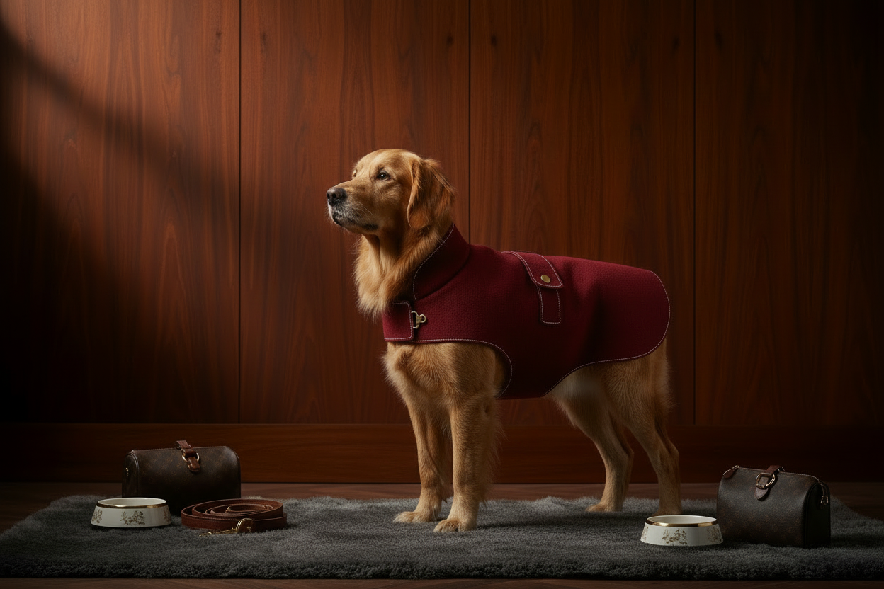 a golden retriever wearing a red dog coat, standing far away , having dark wooden background