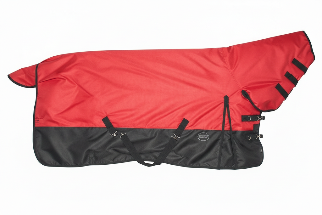 Flipped red horse blanket