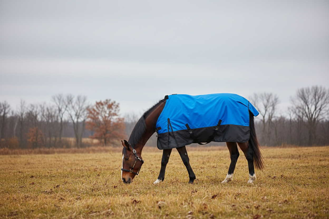 Horse grazing in cold autumn Canadian field with blanket