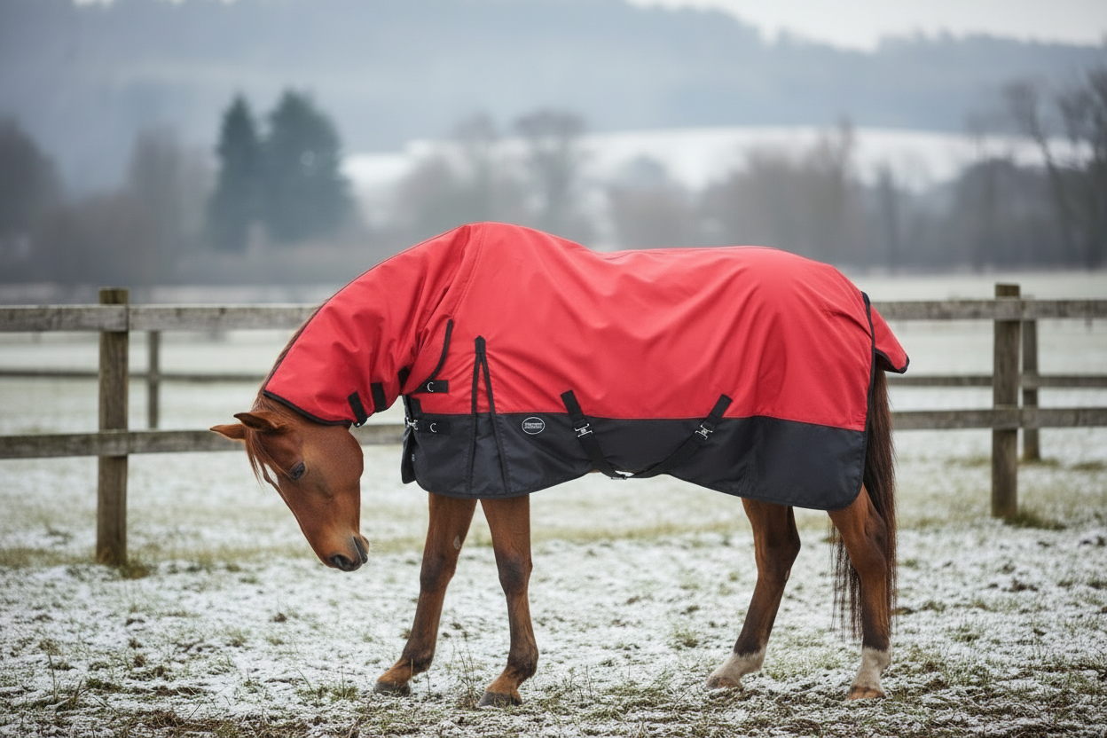 Horse stretching to touch back leg