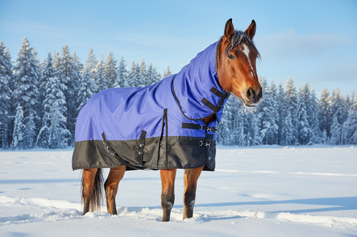 Horse wearing blue blanket from different angle