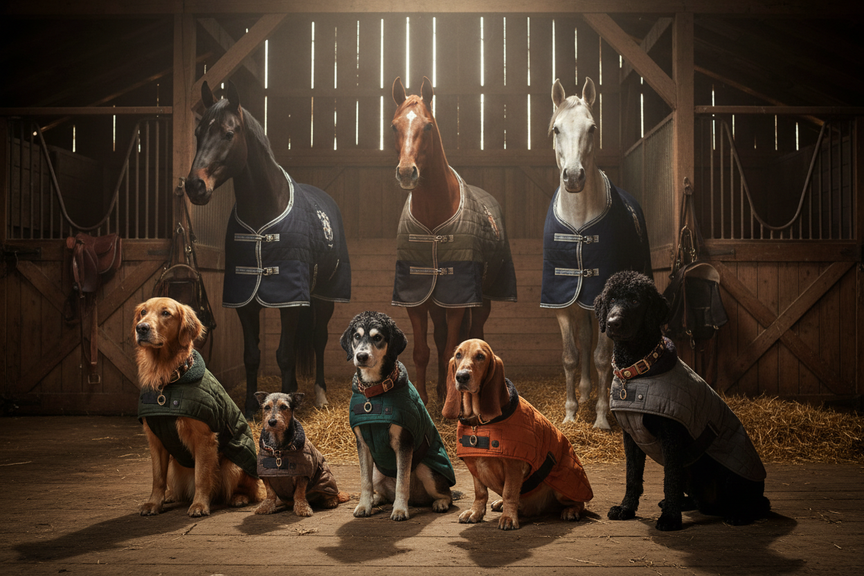 Make an image of 4-5 dogs and 3-4 horse standing in a barn, horses are wearing blude , red and black coats/branches, dogs also wearing coats and collars, make the barn dark