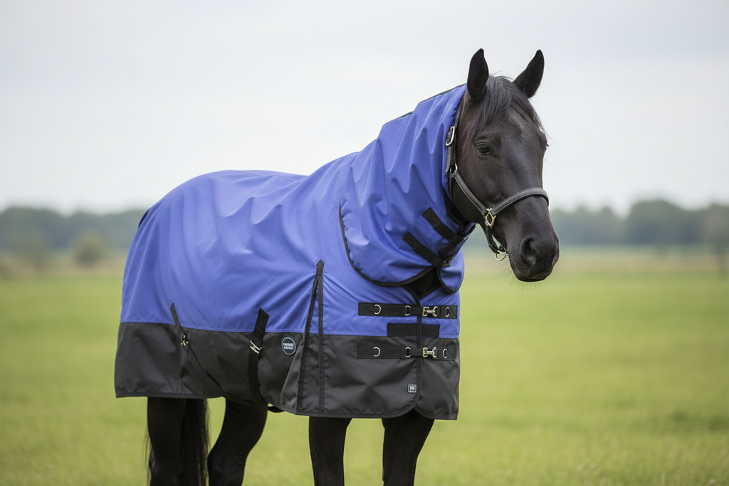 Purple blanket on black horse