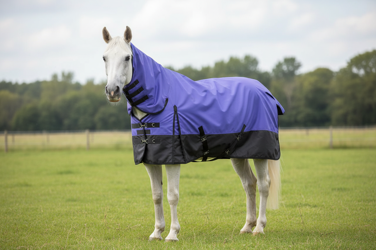 Purple blanket on white horse